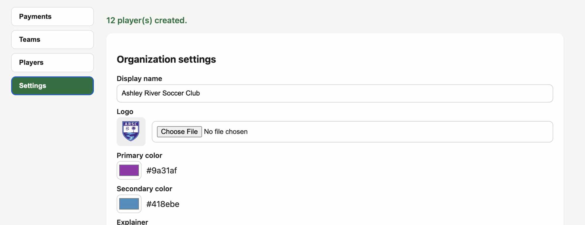 Club admin settings screen showing the organization's display name, logo, and brand colors