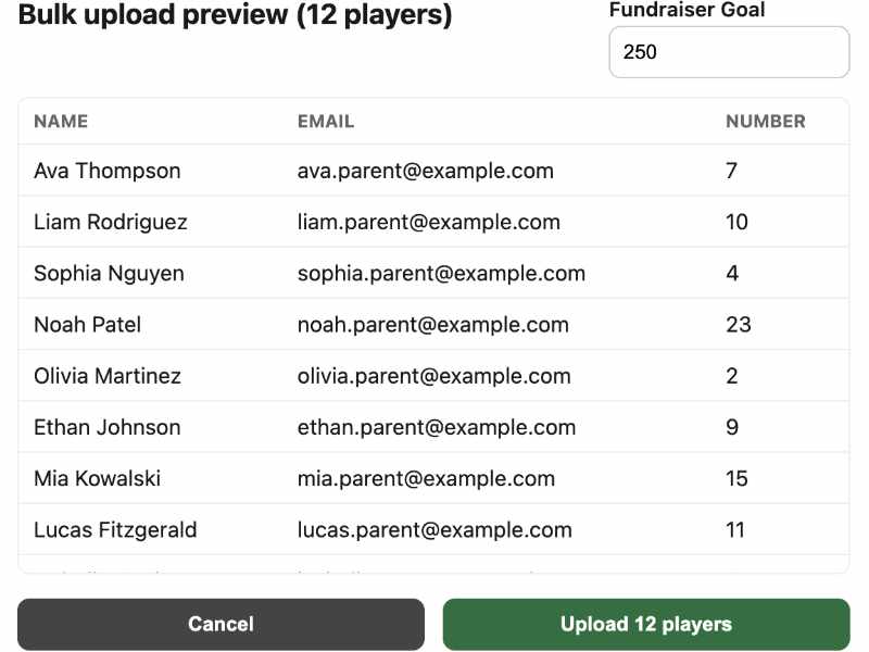 Admin bulk-upload preview showing a roster CSV parsed into a table of player names, emails, and jersey numbers ready to create