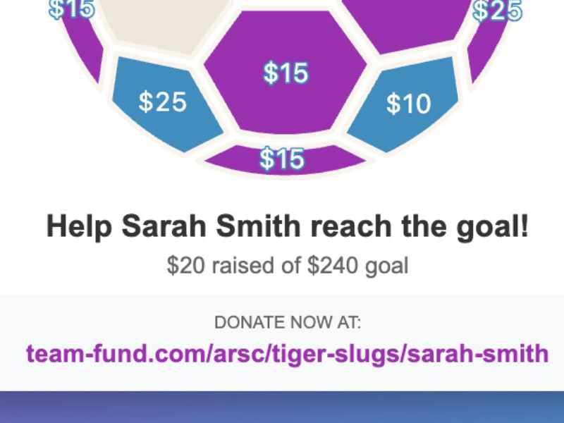A shared player fundraiser link with a call to action to donate now, as it would appear posted or texted to family and friends