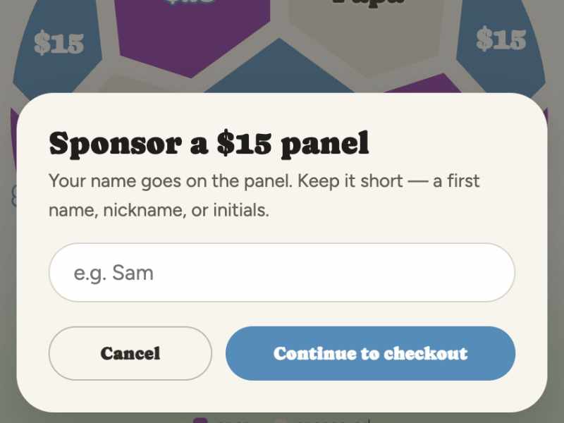 A sponsor entering their name to sponsor a $15 panel before continuing to checkout