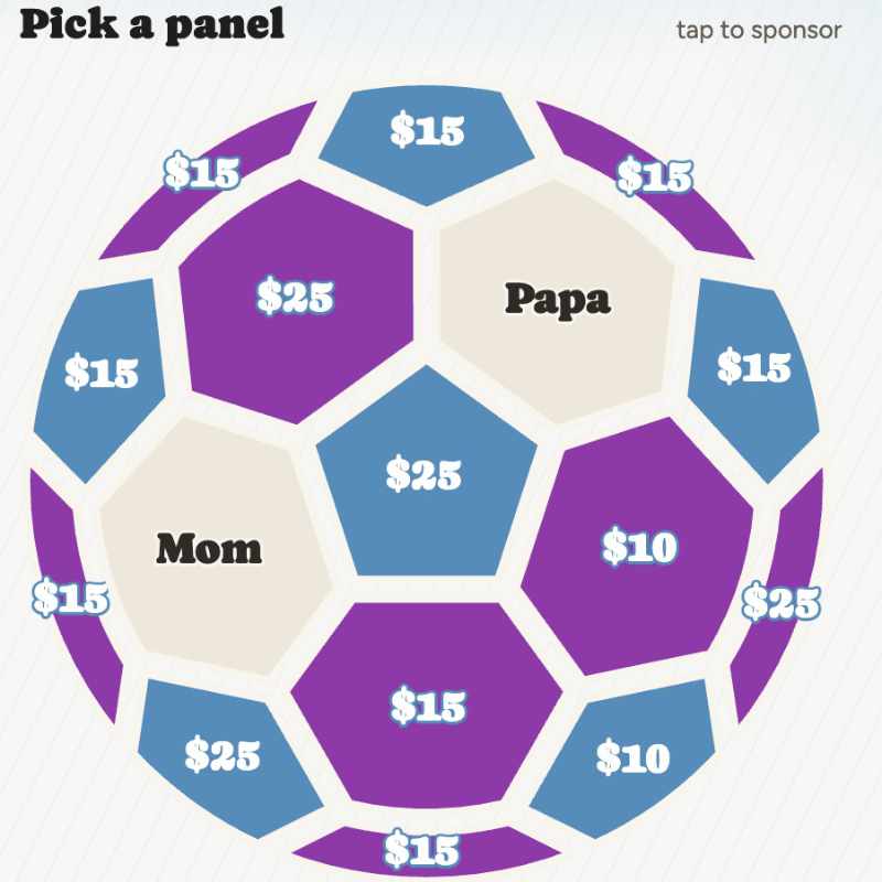 Close-up of a sponsorship ball with several panels already claimed by sponsors named Mom and Papa